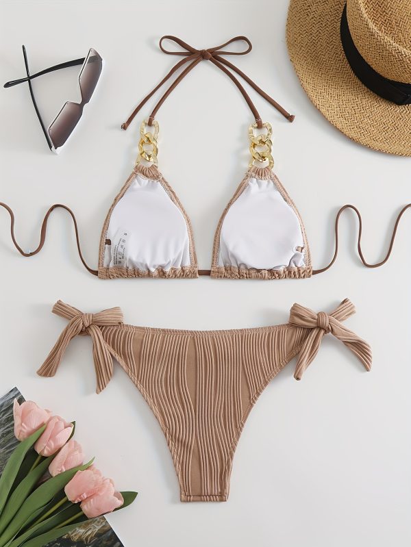 Stripes Ruched Texture Golden Chain Ring Link Halter 2 Piece Set Bikini, Bow Tie Side Triangle Halter Tie Neck Stretchy Swimsuit For Beach Pool Bathing, Women's Swimwear & Clothing - Image 9