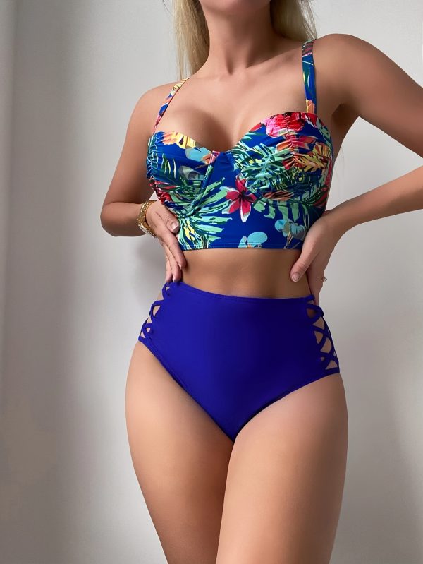 1set YIYUNQING Women'S Sexy Floral Print Bikini Set, High Elasticity Nylon Fabric, Cross Strap Detail, Knitted Swimwear - Image 2