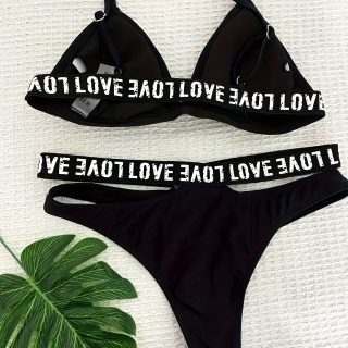 Women'S Two-Piece Letter Bandage Swimsuit Set - High Stretch V-Neck Bikini with "LOVE" Waistband & Lace-Up Bottoms, Sexy Black Swimwear for Women, Beachwear|Vneck Swimsuit|Stretchy Fabric