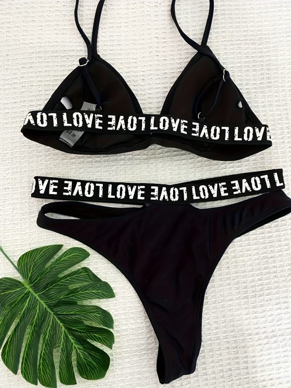 Women'S Two-Piece Letter Bandage Swimsuit Set - High Stretch V-Neck Bikini with "LOVE" Waistband & Lace-Up Bottoms, Sexy Black Swimwear for Women, Beachwear|Vneck Swimsuit|Stretchy Fabric