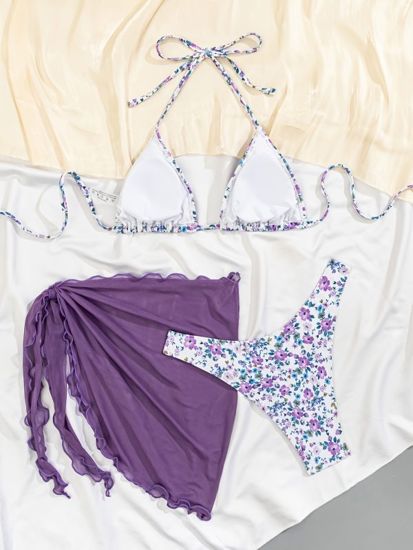 3pcs Floral Print Halter Bikini Set with Matching Tie-Waist Skirt & Headband - Stretchy Polyester/Spandex Blend, Vibrant Purple & Blue Flower Design, Perfect for Summer Beach Outing - Image 2