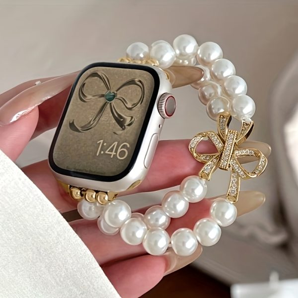 1 pearl bow Apple Watch Women's strap, compatible with Apple Watch 38/40/41/42/45/46/49mm, compatible with Apple Watch Series Ultra/SE/10/9/8/7/6/5/4/3/2/1 business sports metal strap color matching very fashionable high-end smart wristband (excluding watch) 6 pearls (wrist size about 15cm) - Image 11