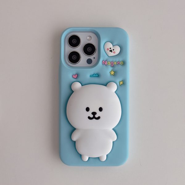 Cute Bear Stand Phone Case for iPhone 13/14/15/16 Pro/Max | Anti-Drop Silicone Soft Cover - Light Blue, Adorable & Stylish Protective Case - Image 6