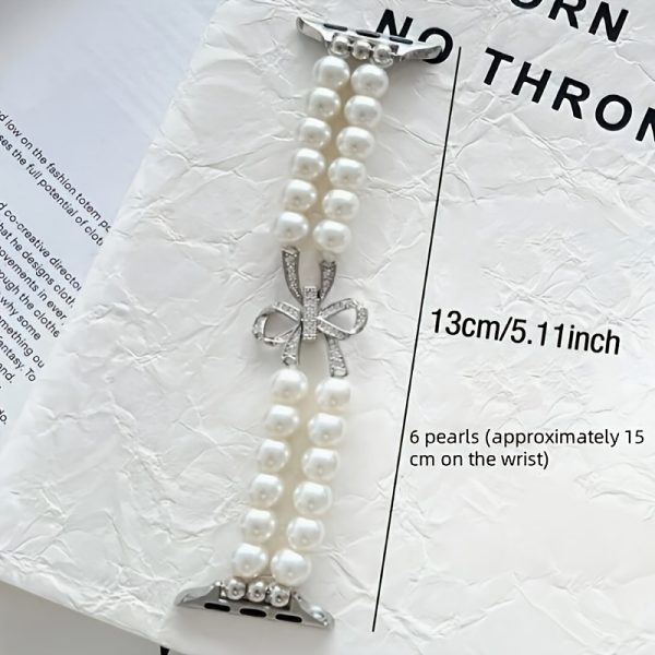 1 pearl bow Apple Watch Women's strap, compatible with Apple Watch 38/40/41/42/45/46/49mm, compatible with Apple Watch Series Ultra/SE/10/9/8/7/6/5/4/3/2/1 business sports metal strap color matching very fashionable high-end smart wristband (excluding watch) 6 pearls (wrist size about 15cm) - Image 6