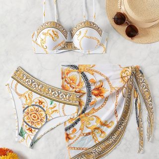3pcs Women'S Bikini Set with Floral Print Sarong - High Stretch Knotted Swimsuit, Chain Print Wrap Skirt, and Tube Top - Perfect for Summer Beach Vacation