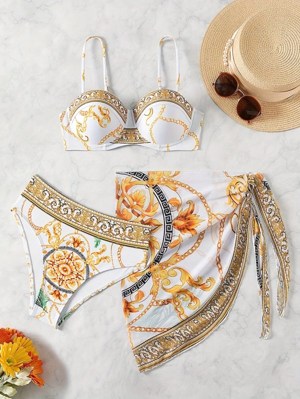 3pcs Women'S Bikini Set with Floral Print Sarong - High Stretch Knotted Swimsuit, Chain Print Wrap Skirt, and Tube Top - Perfect for Summer Beach Vacation