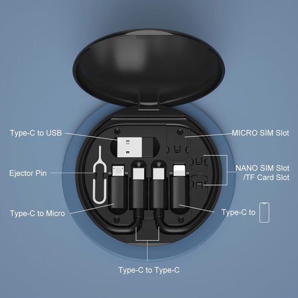 [60W Fast Charging Data Cable] 5-in-1 Mini Data Cable Storage Box, Including 60W Fast Charging USB Cable Set, Silicone Type-C Adapter and Card Slot, Suitable for iPhone 15/15 Pro Max/14 Pro Max/13/12/11, etc., Can be Used for Data Transmission, Storage Card, Tray Pop-up Screw - with Mobile Phone Holder - Image 12