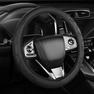 Steering Wheel Cover for 35.56-38.1 cm Wheels, No Inner Ring, All-Season Use - Black with Red Stitching, Grip Enhancement, Durable & Easy to Clean, Car Steering Wheel Cover, Vehicle Interior Accessory, Sleek Car Accessory, Easytoclean Material