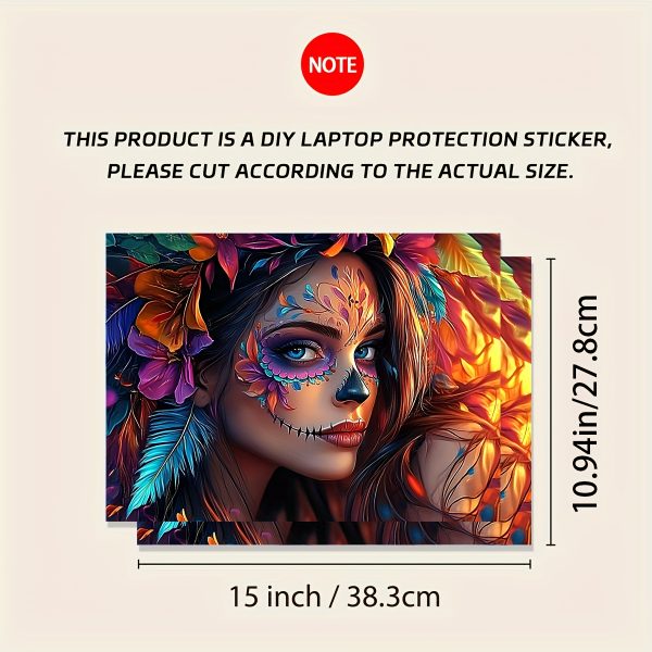 2pcs Vibrant Day of the Dead Laptop Art Decals - Waterproof & Scratch-Resistant Vinyl Stickers, Colorful Floral and Skull Design for Laptops, Cars, Helmets, Motorcycles, Fridges, Laptop Accessories - Image 2