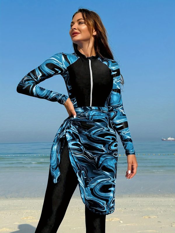 1pc YIYUNQING Women'S High Neck Full Body Swimsuit, 2pcs Set, Sporty Style, Stretch Fabric, Random Print Pattern, Nylon Material