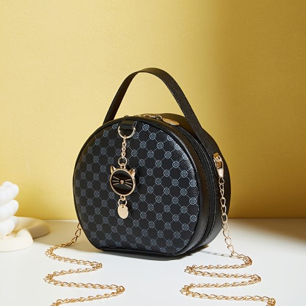Women'S Stylish Black Round Shoulder Bag with Golden-Tone Hardware & Decorative Charm - Compact Synthetic Faux Leather Phone Purse for Daily Use, Travel, and Special Occasions - Perfect Gift for Holidays, Everyday Carry Bag|Chic Accessory|Comfortable Texture - Image 5
