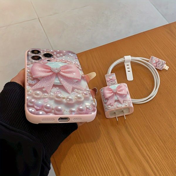 5pcs Set of Eye-Catching Pink and Golden Butterfly Pattern Phone Case + Charger Head Cover + Cable Protector + Storage Strap TPU Anti-Drop Protective Case for iPhone 6/7/8/X/Xs/XR/XS Max/11/12/13/14/15/16 Pro Max - Image 2