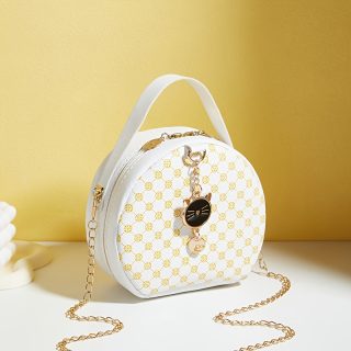 Women'S Stylish Black Round Shoulder Bag with Golden-Tone Hardware & Decorative Charm - Compact Synthetic Faux Leather Phone Purse for Daily Use, Travel, and Special Occasions - Perfect Gift for Holidays, Everyday Carry Bag|Chic Accessory|Comfortable Texture