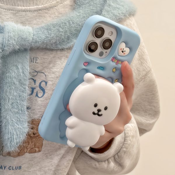 Cute Bear Stand Phone Case for iPhone 13/14/15/16 Pro/Max | Anti-Drop Silicone Soft Cover - Light Blue, Adorable & Stylish Protective Case