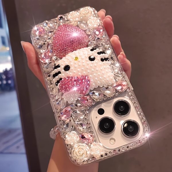 Adorable Hello Kitty Full Screen Handmade Imitation Crystal Rhinestone Heart Phone Case with Bracelet Suitable for iPhone 16 15 14 13 12 11 Pro Max - Image 4
