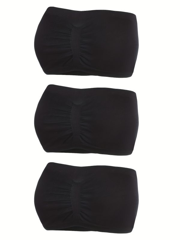 3-Pack Elegant Black Bandeau Bra Tops, Anti-Slip Gathered Chest Wrap, Seamless Strapless Breathable Lingerie Set - Image 2