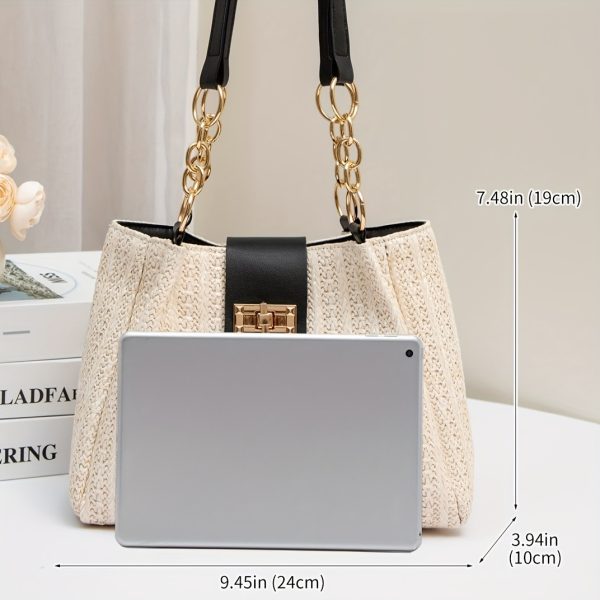 Women'S 2025 New Year Handwoven Straw Tote Bag - Black Accents, Honeycomb Pattern, Adjustable Shoulder Strap, Kiss Lock Closure, Machine Washable, Beach & Casual Style, Casual Tote Bag|Honeycomb Pattern Bag|Durable Handle Bag - Image 4