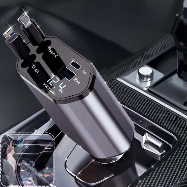 4-in-1 Fast Car Charger, with Retractable 66W Max66W, Adjustable 180° Plug, Includes 79.25cm Extendable Cable, USB & Type-C Ports, PD & QC3.0, Compatible with iPhone 16/15/14/13/12/11 & Android Devices, Ideal for Car Cup Holder, Quick Charge Car Charger by SAN.COMO - Image 4
