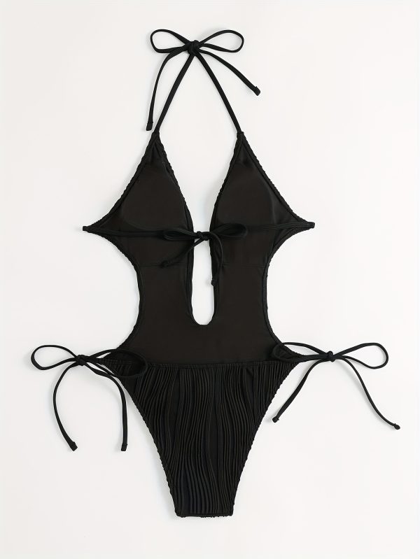 Chic Backless Halter One-Piece Swimsuit for Women - Sexy, High Stretch, Solid Color with Tie Detail, Machine Washable - Image 3