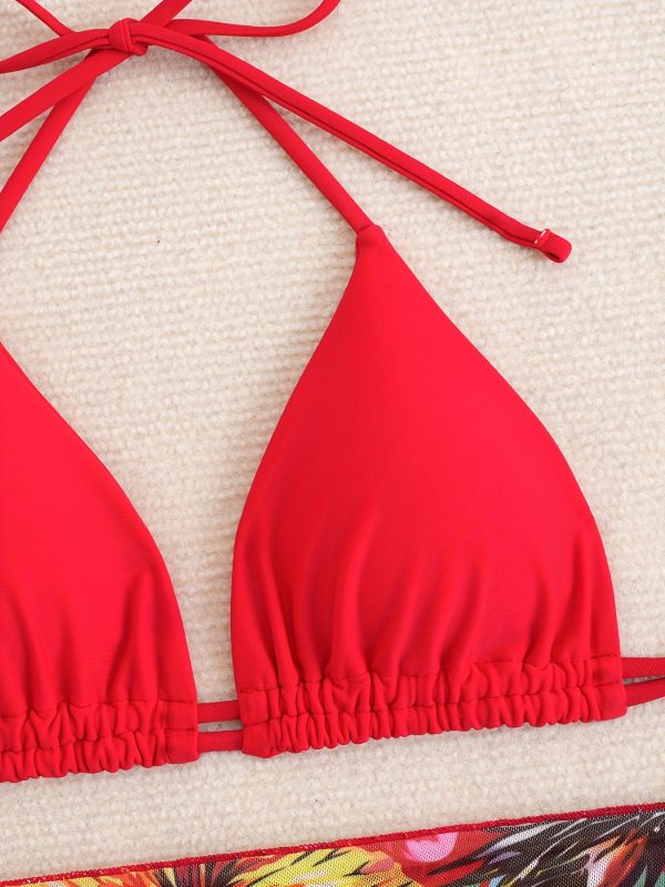 3pcs Floral Print Bikini Set, Polyester High Stretch Lace Up Three-piece Swimsuit for Women - Image 6