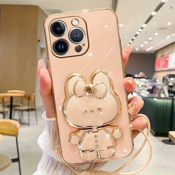New fashionable phone case suitable for iPhone 11 12 13 14 15 16 16Por 15Pro Max 16Plus phone case, rabbit three-dimensional stand ultra-thin electroplated soft phone case protective case with bracelet - Image 6