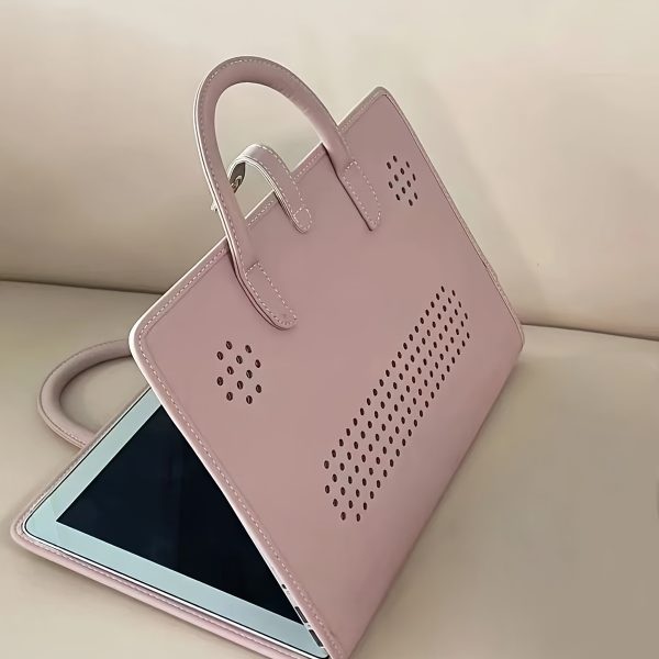14-inch Laptop Sleeve Case - Pink Faux Leather Foldable Handbag with Multiple Compartments, Adjustable Shoulder Strap & Mesh Pocket for Tablet, Notebook, and Accessories, Tablet Storage Bag | Stylish Tech Accessory | Mesh Pocket Feature, Laptop Bag - Image 2