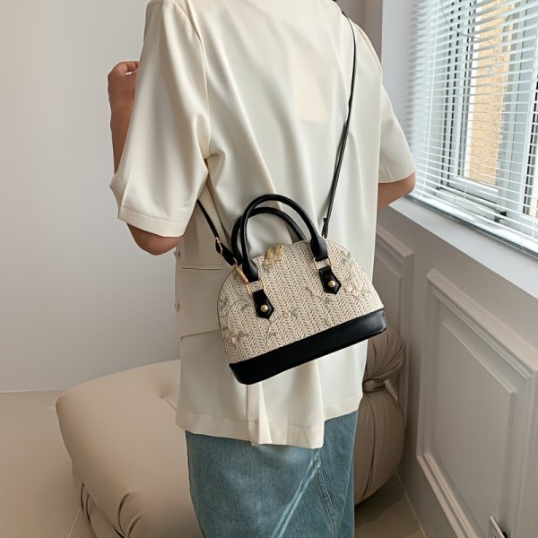 Women's Woven Crossbody Bag with Adjustable Strap & Golden-Tone Hardware - Zipper Closure Casual Purse in White//Black, Durable Polyester Lining & Oil-Edged Trim for Everyday Use, Decorative Details, Structured Handbag - Image 6