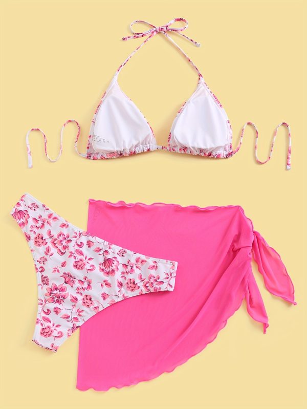 1set Women's Floral Print Halter Neck Bikini Set, High Elasticity Polyester Fabric, Casual Two-Piece Swimsuit with Tie Details, Knitted Fabric, No Belt, Regular Fit - Image 3