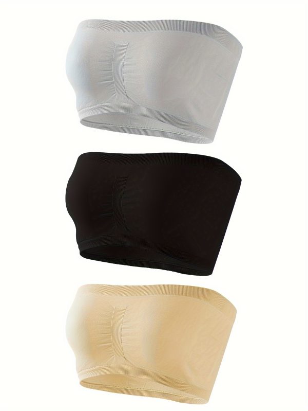 3pcs Strapless Bandeau Bras, Comfy & Soft Solid Stretch Bra, Women's Lingerie & Underwear - Image 2