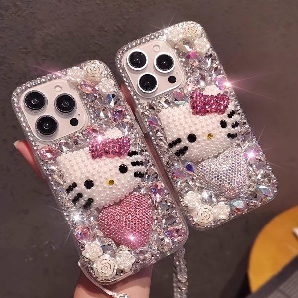 Adorable Hello Kitty Full Screen Handmade Imitation Crystal Rhinestone Heart Phone Case with Bracelet Suitable for iPhone 16 15 14 13 12 11 Pro Max - Image 3