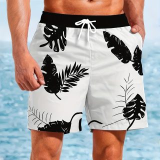 Men'S Quick-Dry Beach Shorts with 3D Leaf Print - Elastic Waistband, Drawstring, Lightweight for Swimming, Surfing & Summer Outdoor Activities, Swim Shorts