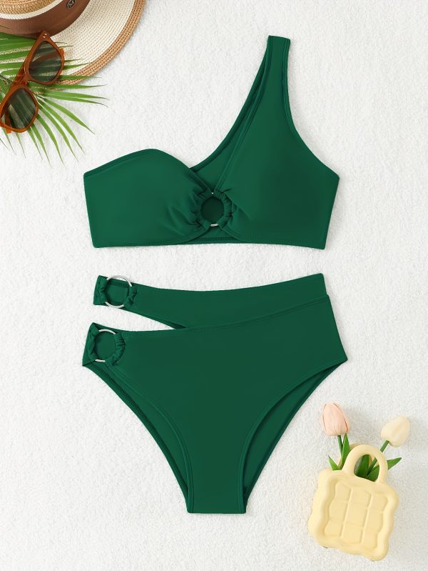 Women'S Green Bikini Set with Ring Detail - High Stretch Polyester Fabric, Solid Color, Perfect for Beach and Pool, Beach Attire|Minimalist Style|String Detailin - Image 5