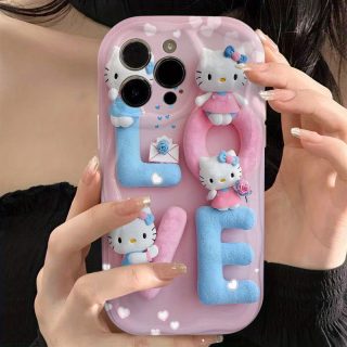 Sanrio Genuine Licensed Case Hello Kitty Cat Cute LOVE Letter Model Pink and Blue Neon Gradient Silicone Case for iPhone 16/ 15/ 14/ 13/ 12/ 11/ 8/ 7/ Pro Max/ Plus/ X/ XS/ XR/ XS MAX Perfect Gift for Holidays and Birthdays!