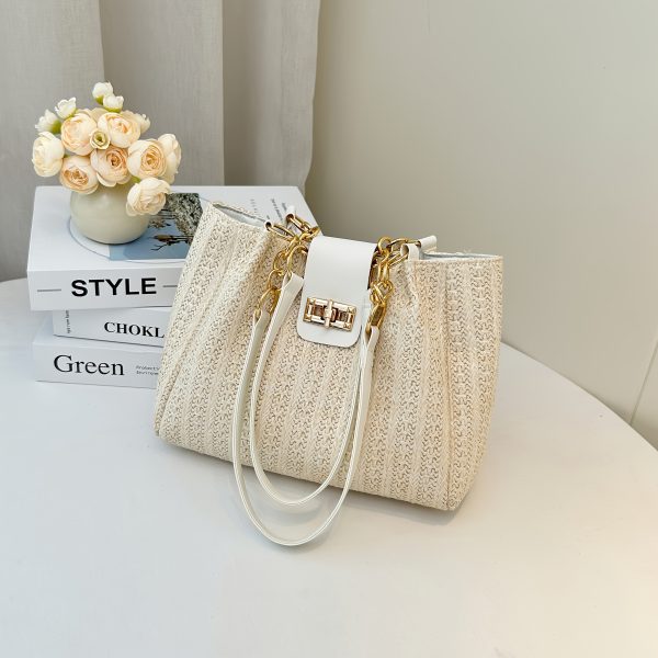 Elegant Women'S Large Capacity Woven Shoulder Bag with Adjustable Chain Strap, Front Flap Button Closure - Beige/White, Multi-Functional for Casual and Professional Use, Available in Black, Professional Shoulder Bag|Elegant Design|Polyester Lined - Image 4