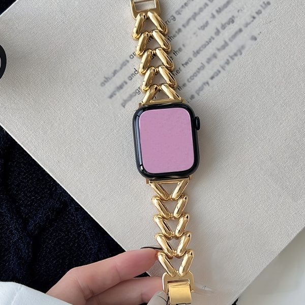 1pc V-Shaped Gold-Plated Stainless Steel Smartwatch Band, Elegant Metal Strap with Jewel Clasp, Compatible with Apple Watch Series 1-SE & SE (40mm, 44mm, 45mm, 46mm, 49mm), Non-Water Resistant, with No Battery for Apple Watch - Image 3