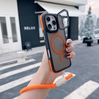 Luxury Matte Textured Lens Metal Bracket Magnetic Wireless Charging Phone Case and Lanyard, Suitable for iPhone 16promax 16 15 14 13 12 11 Pro Max Plus with Camera Lens Protective Film