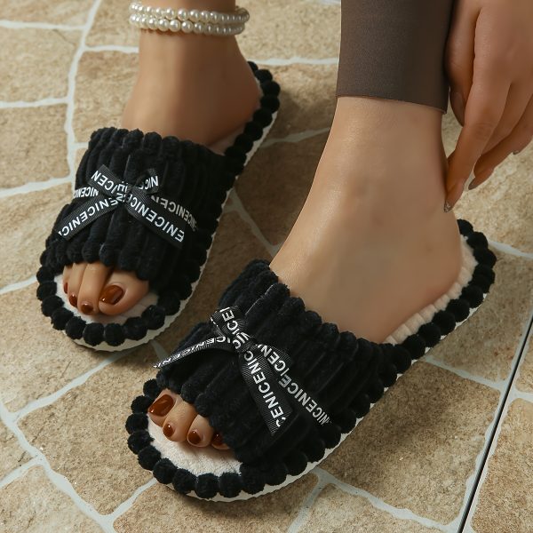 Women's All-Season Open-Toe Slip-On Slippers with Bow Detail - Soft Corduroy Fabric, Cushioned EVA Sole & Silent Non-Slip Indoor House Shoes for Home, Wedding Guest Comfort, Ladies Slippers, Scalloped Edge Design - Image 15