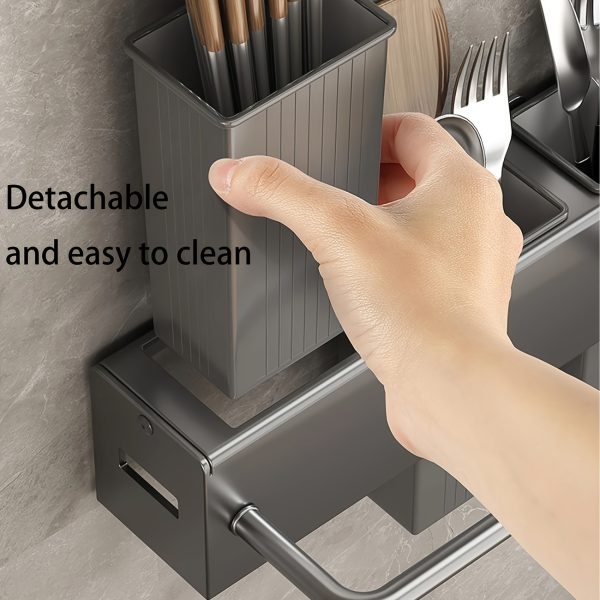 1pc No-Drill Stainless Steel Wall-Mounted Knife & Utensil Organizer - Rust-Resistant Non-Magnetic Space-Saving Kitchen Storage with Chopstick Holder, Knife Slots & Hooks for Knives, Spatulas, Whisks, Kitchen Organizers And Storage, Sleek Design, Durable Construction, Home Chefs, Minimalist Design, Sturdy Construction, Professional Cooks - Image 4