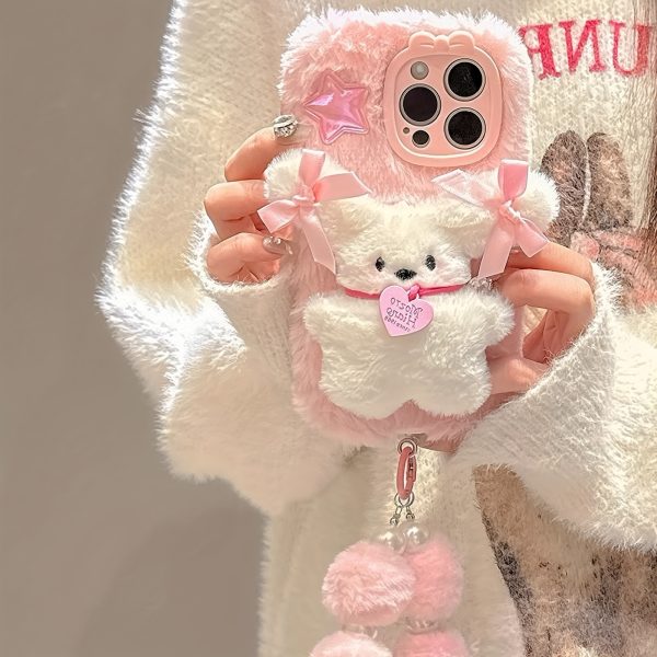 Three-Dimensional Bow Dog Plush Mobile Phone Case with Bracelet for Iphone 16 Pro Max Autumn And Winter New Plush