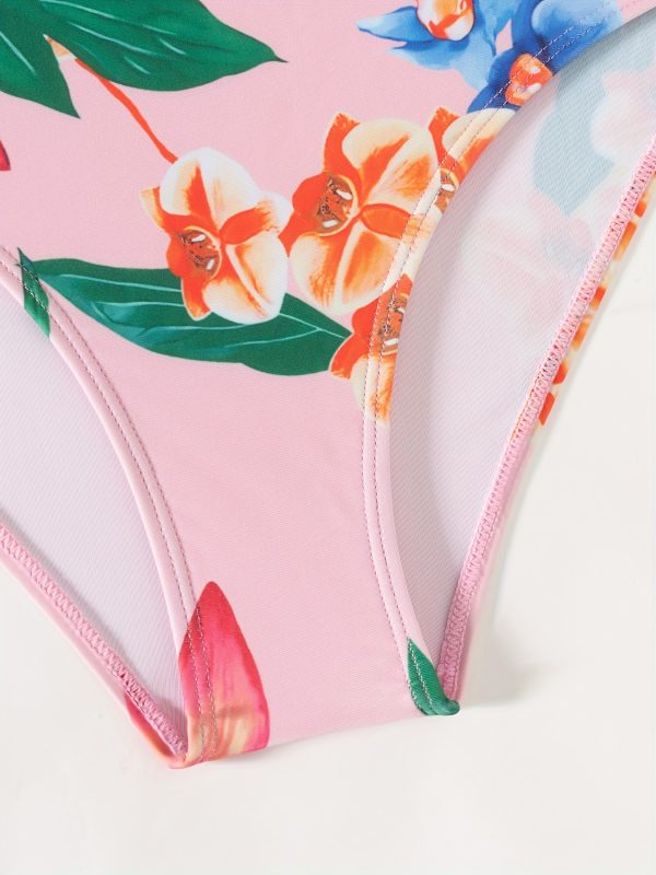Hot-selling Women's swimsuit wrap skirt half-body swimsuit set with flower print and pleated edges, sexy with bow tie, Tankini set - Image 5