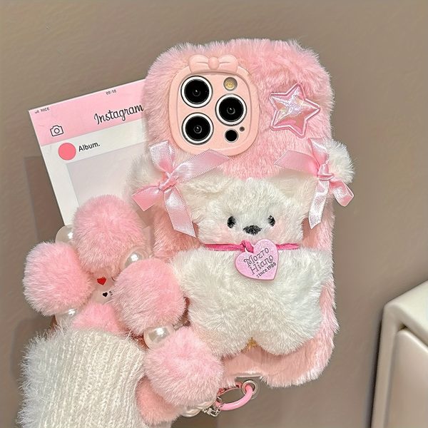 Three-Dimensional Bow Dog Plush Mobile Phone Case with Bracelet for Iphone 16 Pro Max Autumn And Winter New Plush - Image 4