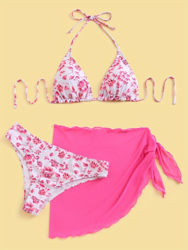 1set Women's Floral Print Halter Neck Bikini Set, High Elasticity Polyester Fabric, Casual Two-Piece Swimsuit with Tie Details, Knitted Fabric, No Belt, Regular Fit - Image 2