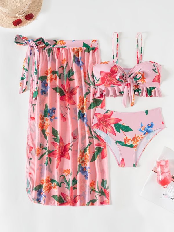 Hot-selling Women's swimsuit wrap skirt half-body swimsuit set with flower print and pleated edges, sexy with bow tie, Tankini set