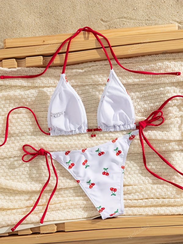 Women'S Cherry Print Bikini Set with Red Bow Detail - High-Stretch Fabric, Adjustable Straps, White & Red Design for Beach or Pool, Beach Swimwear | Playful Swimwear | Highelasticity Fabric