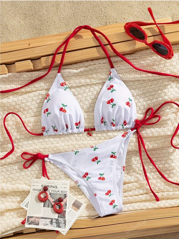 Women'S Cherry Print Bikini Set with Red Bow Detail - High-Stretch Fabric, Adjustable Straps, White & Red Design for Beach or Pool, Beach Swimwear | Playful Swimwear | Highelasticity Fabric - Image 2