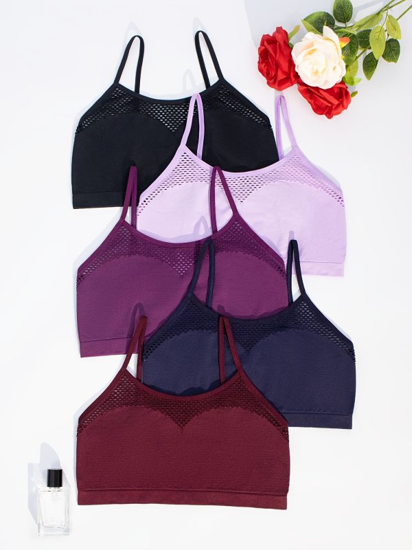 5pcs Women'S Multicolor Hollow Breathable Yoga Fitness Wireless Bras & Sexy Adjustable Strap Fishnet Sports Bra with Medium Support and Square Neckline - No Padding, Elastane Fabric, Solid Color for Running & Workout - Image 9
