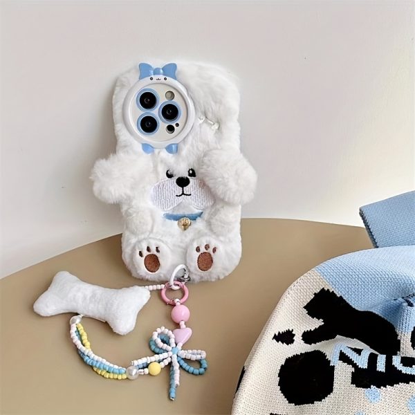 Cartoon White Dog Fluffy Mobile Phone Case with Bracelet Suitable for iPhone 16 Pro Max Autumn and Winter Plush Mobile Phone Case - Image 7