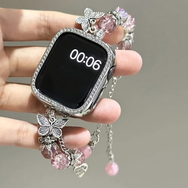 Elegant Beaded Chain Bracelet Charm for Apple Watch Ultra SE Series 10-1, 38mm-49mm, Adjustable Jewelry Strap with Butterfly & Flower Accents, Ideal for Valentine'S Day or Birthday Gift ( only Bracelet - Image 2