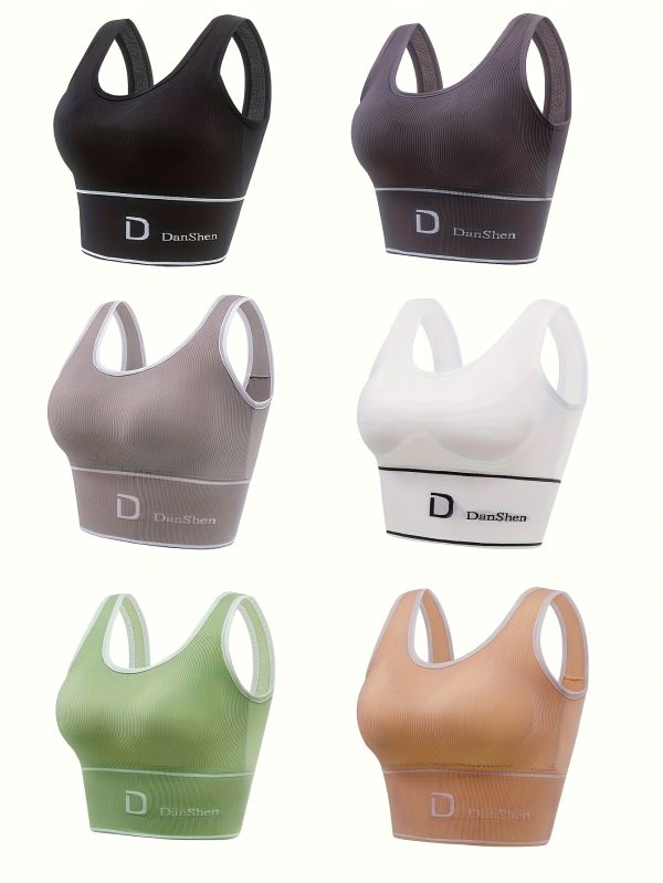 6pcs Women's Wireless Sports Bras - Gathered, Shockproof, Full Coverage, Racerback Design, Breathable Polyester Blend, Versatile for Casual or Active Wear (Black, Dark Purple, Light Purple, White, Pink, Green) - Image 2