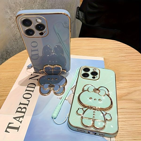 New fashionable phone case suitable for iPhone 11 12 13 14 15 16 16Por 15Pro Max 16Plus phone case, rabbit three-dimensional stand ultra-thin electroplated soft phone case protective case with bracelet - Image 5